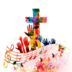 Colorful christian cross with music notes isolated vector illustration. Religion themed background. Design for gospel church music, concert, festival, choir singing, Christianity, prayer 
