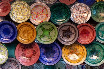 Moroccan ceramic handmade dishes of very decorative colors
