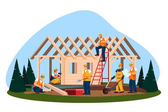 Wooden eco house construction. Vector flat illustration. Workers and builders building house or cottage in forest.
