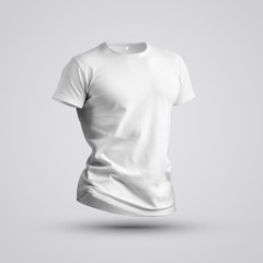 Visualization of a white t-shirt on a body without a man with shadows on studio background.