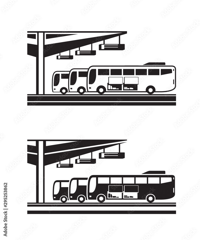 Wall mural buses arranged for departure from station - vector illustration