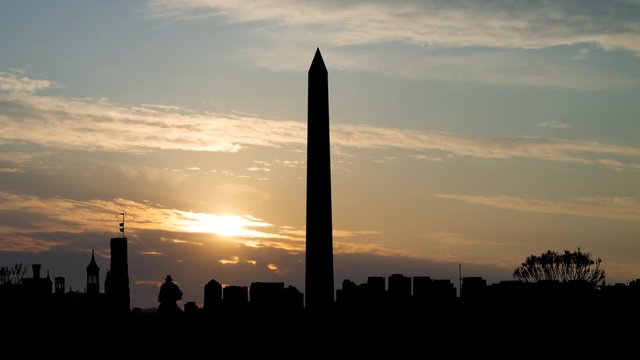 Washington Monument at Sunrise: Time Lapse with Sun and Colorful Clouds, Washington DC, USA