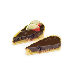 Cut cake with black chocolate and currants