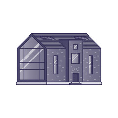 Modern house with a large panoramic window painted in shades of violet on a white background drawn in flat style