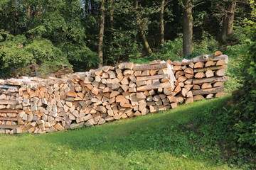 Stack of Wood wood stacked for drying in the woodpile on the green meadow