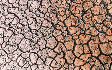 Gradual monochrome and coloured dried cracked desert sand pattern texture. Barren terrain, with rough, scarcity concepts. Abstract brown background. Dry soil geology. Brown, black & white.