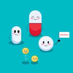 Pills and drugs go to the rescue, the season of colds. Vector graphics
