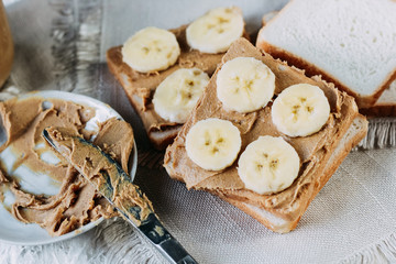 sandwich with peanut butter and bananas. Healthy and tasty breakfast or snack.