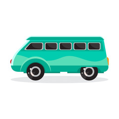 Green cartoon car in flat vector. Transport vehicle. Toy car in children's style. Fun design for sticker, logo, label. Isolated object on white background. The view from the side.