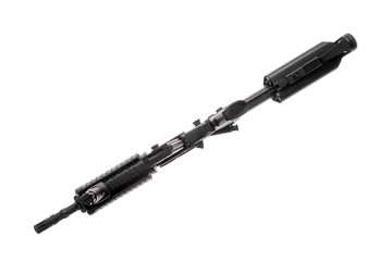 Bottom down view of an isolated AR-15 weapon on white background