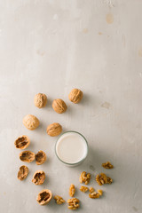 Organic walnut nuts and glass of walnut milk on stone background.