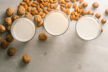 Obraz na płótnie Canvas Glasses of milk: Macadamia, almond, walnut. Top view.