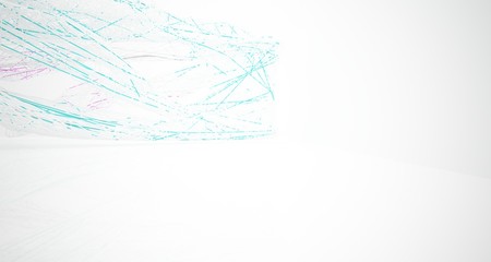 Abstract architectural white and glass gradient color smooth wire interior of a minimalist house with large windows.. 3D illustration and rendering.