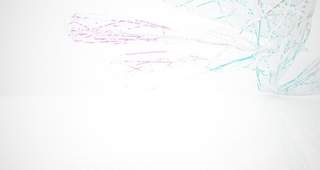 Abstract architectural white and glass gradient color smooth wire interior of a minimalist house with large windows.. 3D illustration and rendering.