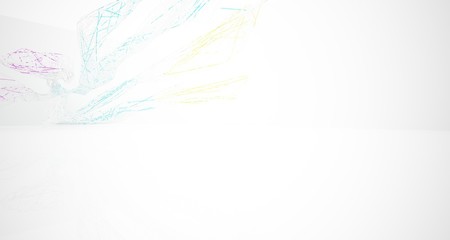 Abstract architectural white and glass gradient color smooth wire interior of a minimalist house with large windows.. 3D illustration and rendering.