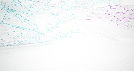 Abstract architectural white and glass gradient color smooth wire interior of a minimalist house with large windows.. 3D illustration and rendering.