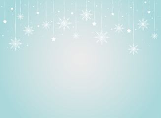 Winter border with flat white snowflakes, stars and dots on tender powder blue background.