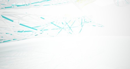 Abstract architectural white and glass gradient color smooth wire interior of a minimalist house with large windows.. 3D illustration and rendering.