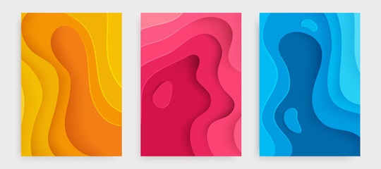 Paper cut banner set with 3D slime abstract background and blue, pink, yellow waves layers. Abstract layout design for brochure and flyer. Paper art vector illustration