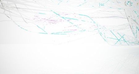 Abstract architectural white and glass gradient color smooth wire interior of a minimalist house with large windows.. 3D illustration and rendering.