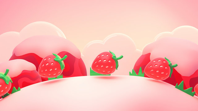 Cartoon strawberry world. 3d rendering picture.