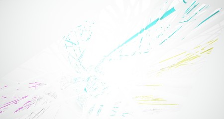 Abstract architectural white and glass gradient color smooth wire interior of a minimalist house with large windows.. 3D illustration and rendering.