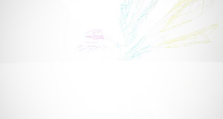 Abstract architectural white and glass gradient color smooth wire interior of a minimalist house with large windows.. 3D illustration and rendering.