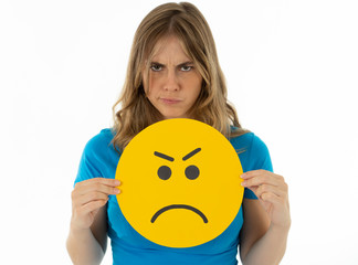 Beautiful young woman holding angry face emoji in social media notification icons