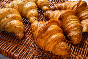 Freshly baked cinnamon buns. Sweet Homemade Pastry baking. Close-up