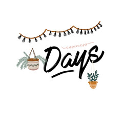 Stylish Scandic living room interior - sofa, armchair, coffee table, plants in pots, lamp, home decorations. Cozy Autumn season. Modern comfy apartment furnished in Hygge style. Vector illustration