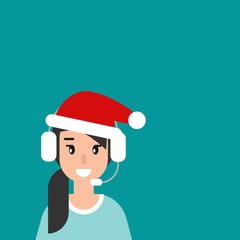 Happy female operator with headphones, microphone and santa hat on blue background.