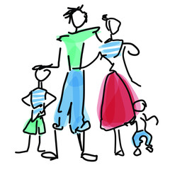 Family, mother, father and two kids, hand drawn in sketch style. Outline and coloured isolated on white abstract vector illustration