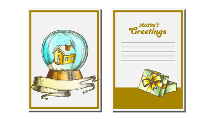 Christmas Greeting Card Vector. Snow Globe. Seasons. Holiday Concept. Hand Drawn In Vintage Style Illustration