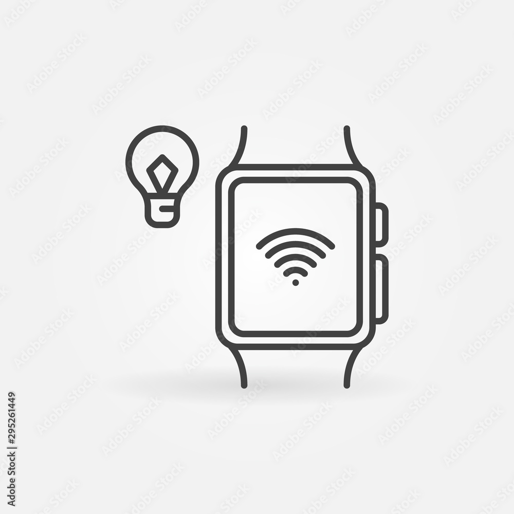 Poster smart bulb connected with smartwatch via wifi vector icon in thin line style