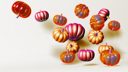 3D rendered composition with orange pumpkins fall in the air. Autumn background. Halloween background.