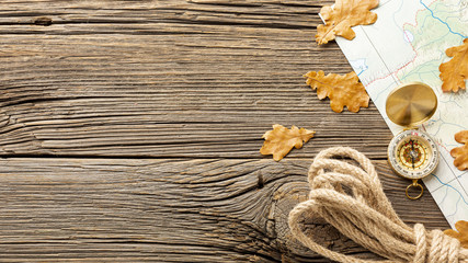 Top view rope and autumn leaves