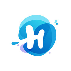 Letter H logo at blue water splash background.