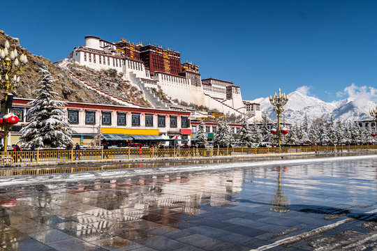 Stunning view of the Potala Palace in Lhasa in Tibetan province of China after a rare snowfall in winter.