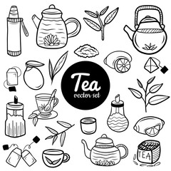 Hand drawn tea elements. Set for menu decoration, websites, banners, presentations, backgrounds, posters, blogs and social networks. Vector illustration.