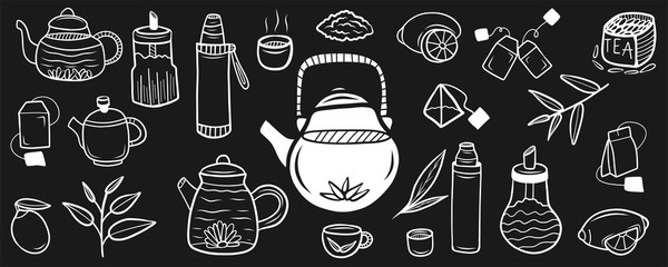 Hand drawn tea elements. Set for menu decoration, websites, banners, presentations, backgrounds, posters, blogs and social networks. Vector illustration.