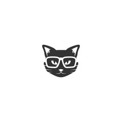 Black cat's head with glasses icon isolated on white. tough, cool tom cat with severe look.