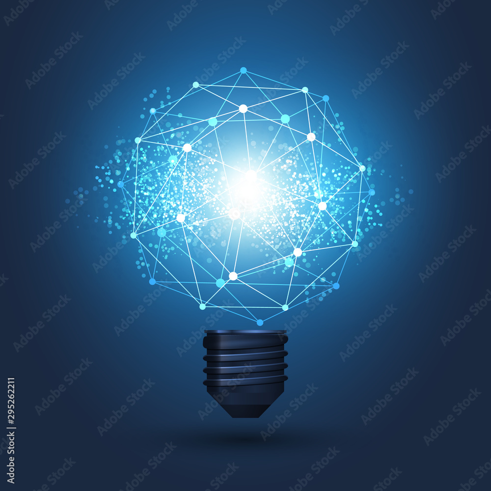 Poster abstract electric and global network connections concept design with a glowing light bulb and transp