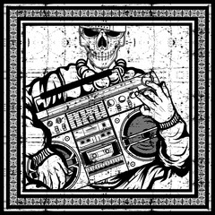 vintage Skull rapper carries a boombox hand drawing vector