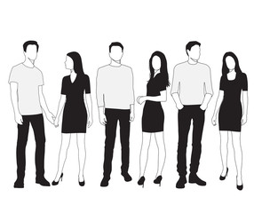 Vector silhouettes men and women standing, different poses, group  business  people,  linear sketch,  black color, isolated on white background