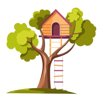 Tree house with rope ladder on daylight