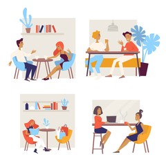 Different people having coffee break and meetings in cafe
