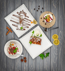 photos of delicious desserts, different sweets. photo menu