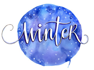 Watercolor illustration with lettering winter in blue colors isolated on white background.