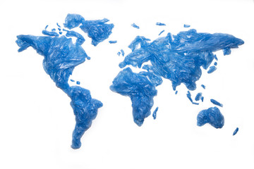Global plastic pollution concept. World map with plastic trash bags on the continents.
