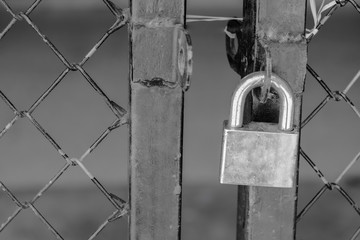 Gate locked by padlock on background.safty concept.